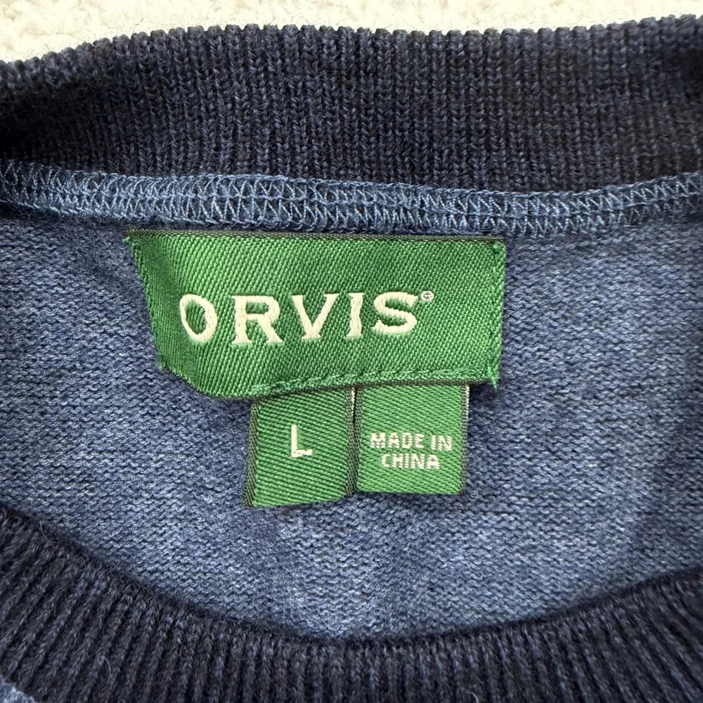 Orvis Mens Merino Wool Cotton Blend‎ Crewneck Sweater Navy Blue Heather Large
